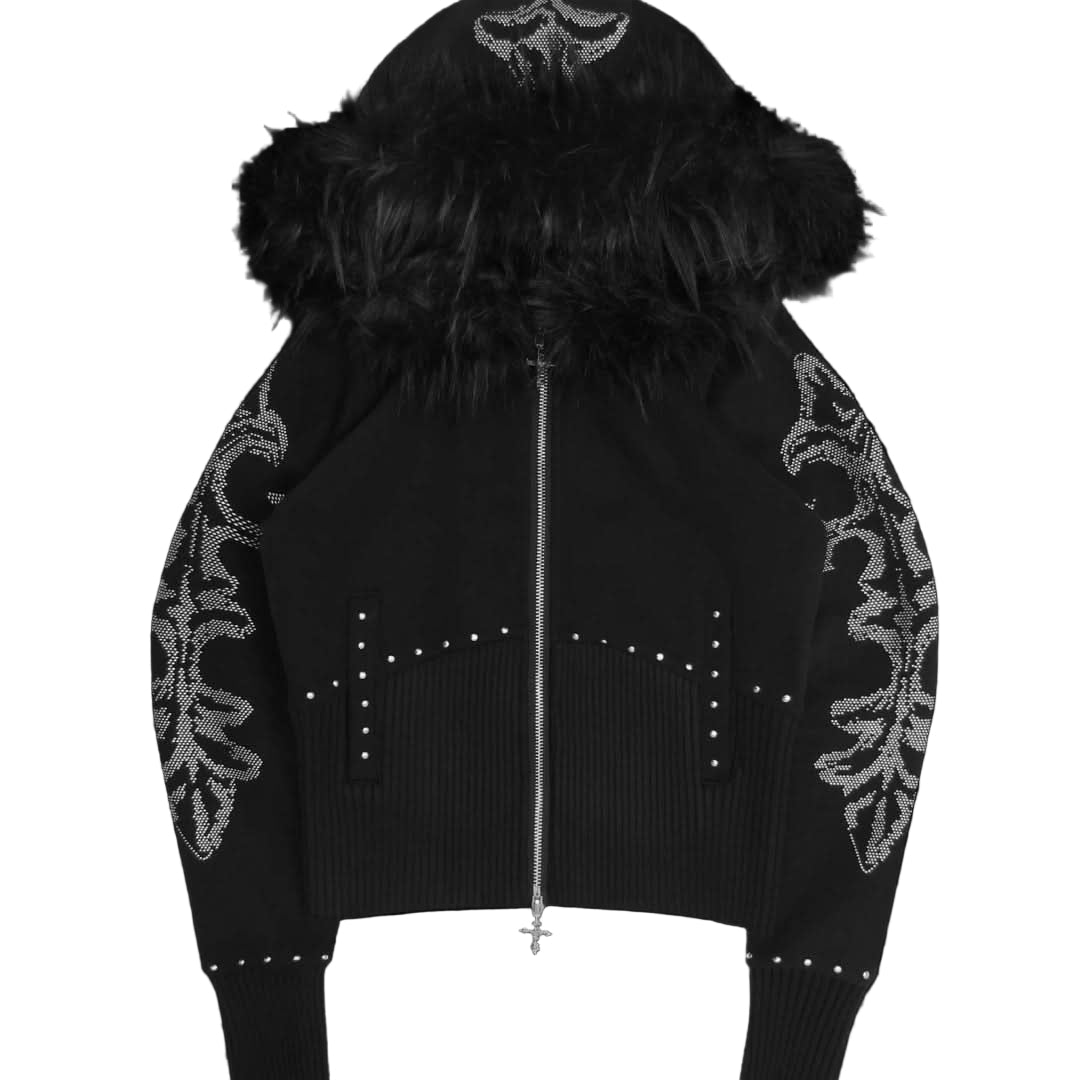 Feral Faux Fur Zip Rhinestone Hoodie – Black Bling Streetwear