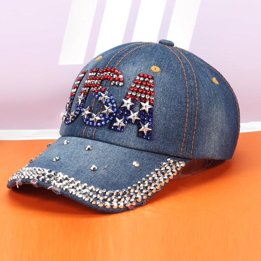 American Flag Engraved Rhinestone Cap-Caps-The Rhinestone Belts