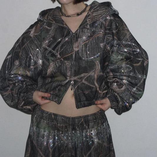 Enemy Bling Hoodie – Tree Camo Rhinestone Crop Zip Up Hoodie