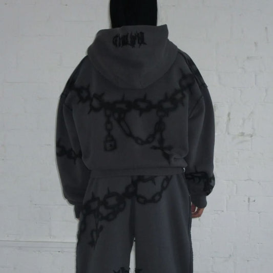 Chains Zip Rhinestone Hoodie Cast Iron