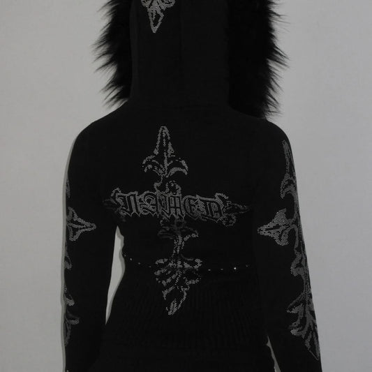 Feral Faux Fur Zip Rhinestone Hoodie – Black Bling Streetwear
