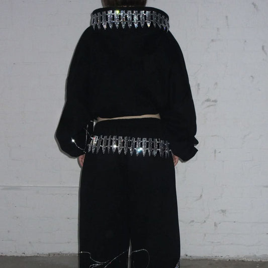 Black Enemy Rhinestone Zip Up Hoodie