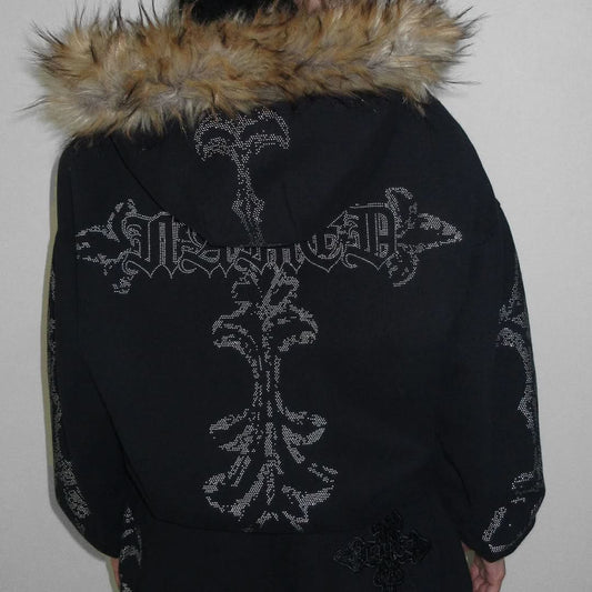 Feral Faux Fur Bling Hoodie – Studded Zip Up Rhinestone Hoodie