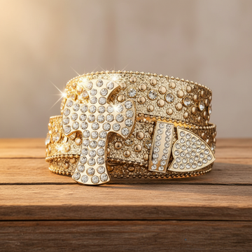 Gold Cross Buckle Rhinestone Belt – Luxury Handmade Designer Gift Bling Men/Women