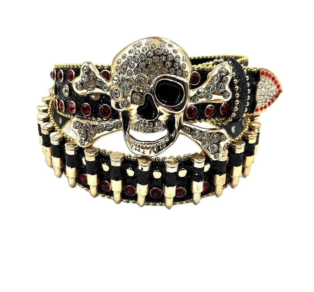 Gold Crossbone Skull Rhinestone Belt with Black Bullet Strap