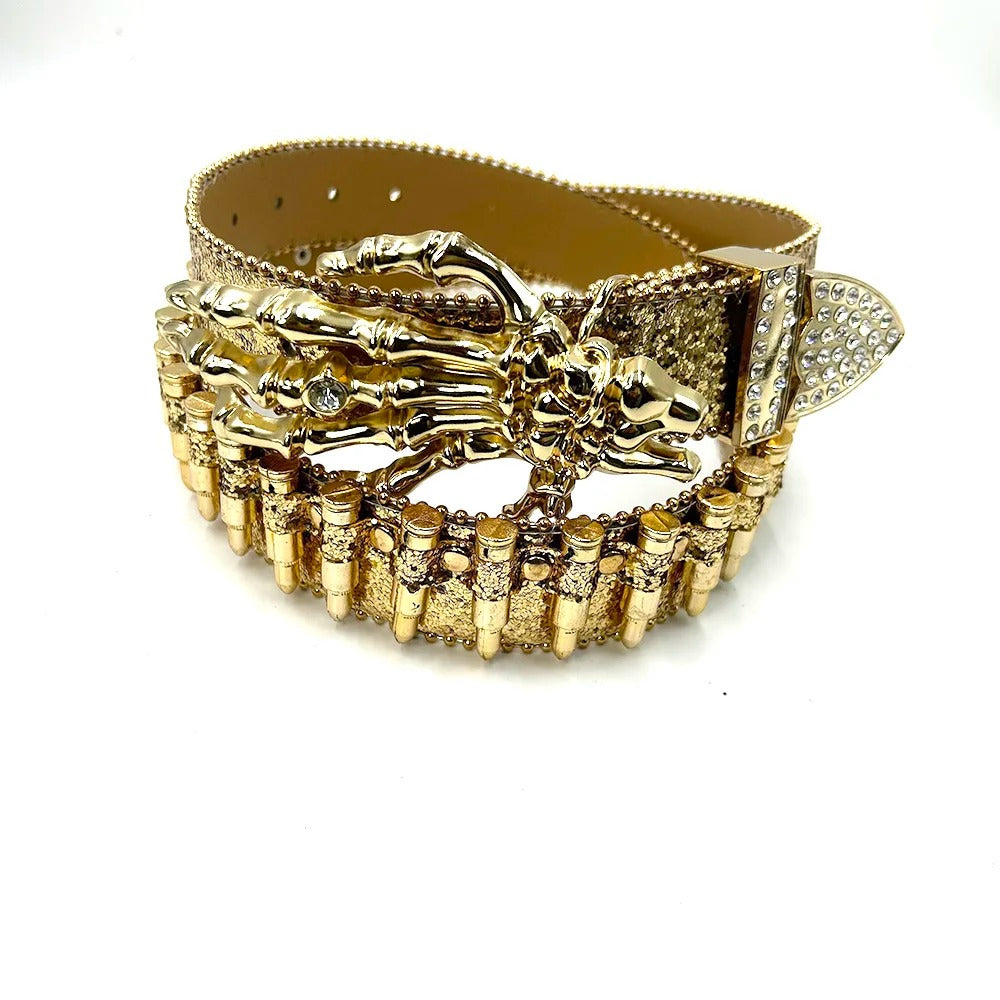 Gold Skeleton Hand Rhinestone Belt Gold Bullet Strap