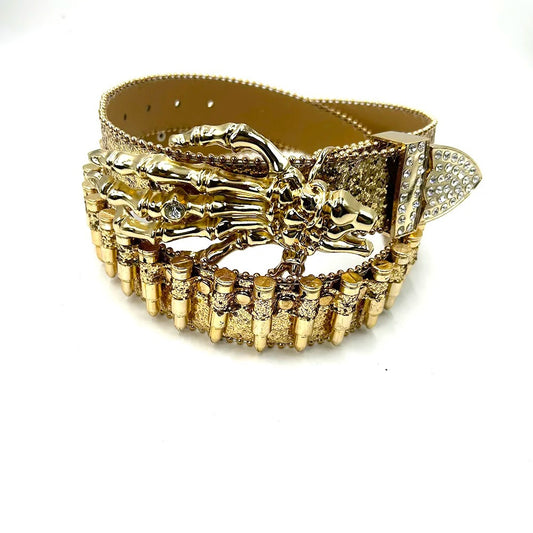 Gold Skeleton Hand Rhinestone Belt Gold Bullet Strap