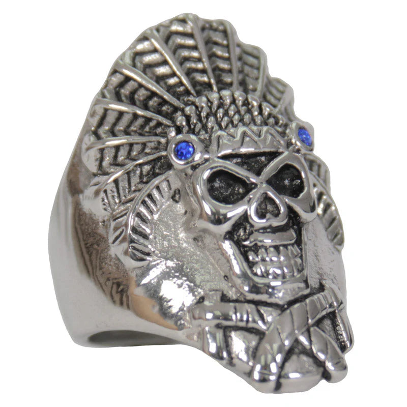 Men’s Silver Stainless Steel Ring Featuring Blue Stone and Indian Headdress Design