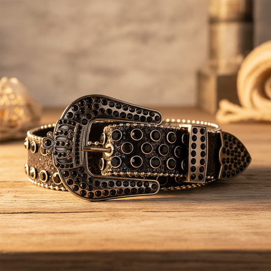 Black rhinestone belt with ornate buckle and crown-stud pattern, metal keeper