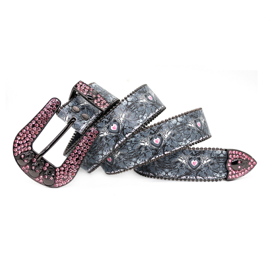 Skull Buckle Spider Strap with Pink Studded Design Rhinestone Belt-Belts-The Rhinestone Belts