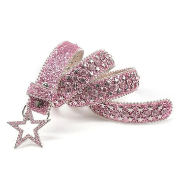 Pink Rhinestone Glitter Belt with Star Studs & Charm Buckle