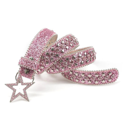 Pink Rhinestone Glitter Belt with Star Studs & Charm Buckle