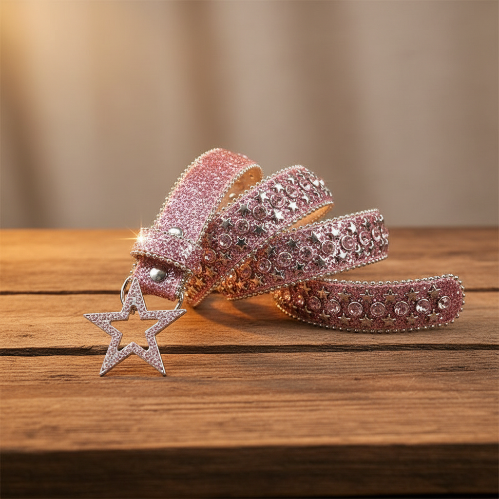 Pink rhinestone glitter belt with star charm and rhinestone-studded buckle strap