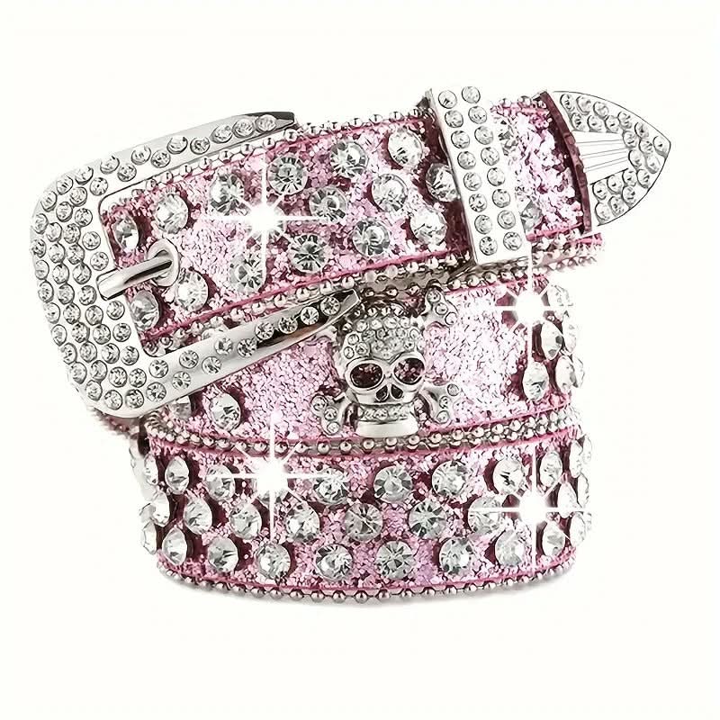 Pink Rhinestone Skull Glitter Belt
