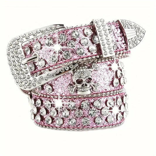 Pink Rhinestone Skull Glitter Belt