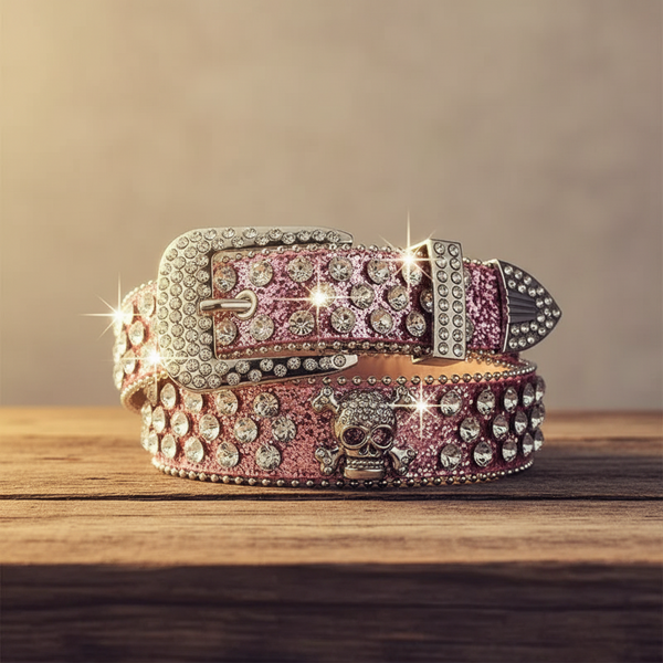 Pink Rhinestone Crystal Skull Glitter Belt - TRB