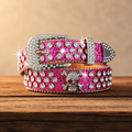 Pink glitter rhinestone skull belt with silver buckle and crystal studs