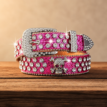 Pink glitter rhinestone skull belt with silver buckle and crystal studs