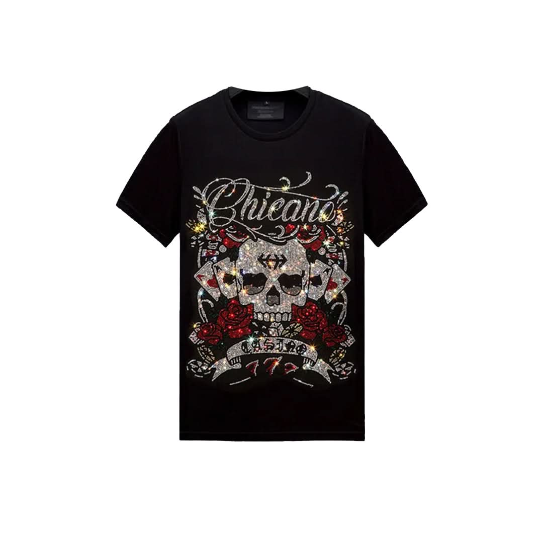 Poker Skull Print Rhinestone T-shirt
