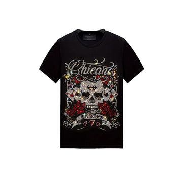 Poker Skull Print Rhinestone T-shirt