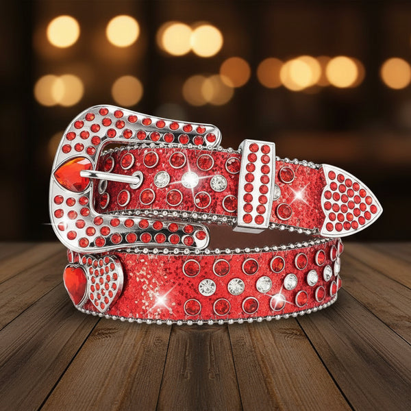 Red Rhinestone Belt with Heart Buckle & Red Glitter Strap. Unisex Western glam – secure stones, premium build, bold sparkle for rodeos & concerts.