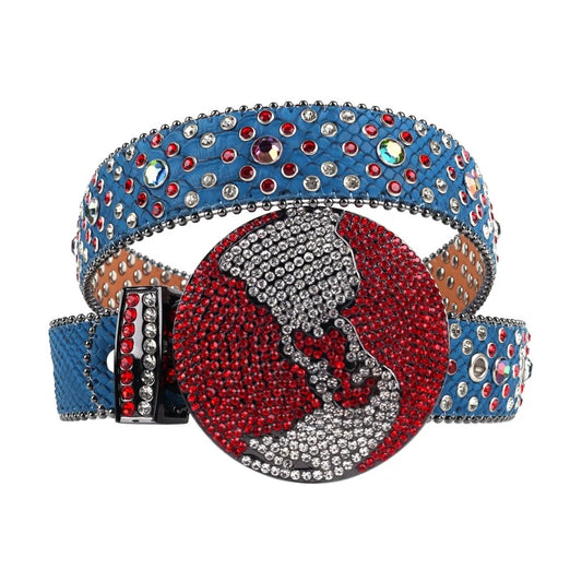 Red & Silver Globe Buckle Rhinestone Belt with Blue Strap