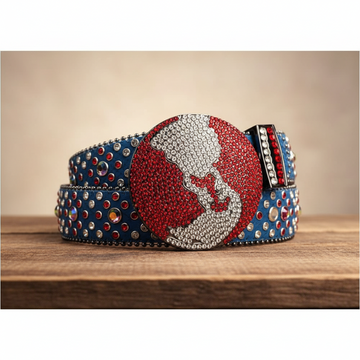 Red & Silver Globe Buckle Rhinestone Belt with Blue Strap – Luxury Handmade Designer Gift Bling