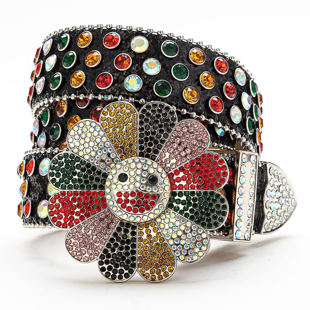 Flower Buckle Black Strap with Multicolor Stones Rhinestone Belt-Belts-The Rhinestone Belts