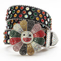 Flower Buckle Black Strap with Multicolor Stones Rhinestone Belt-Belts-The Rhinestone Belts