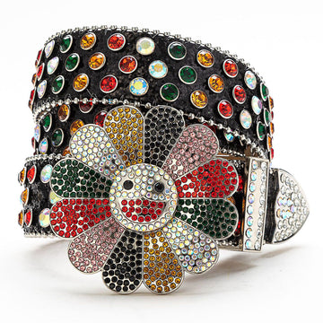 Flower Buckle Black Strap with Multicolor Stones Rhinestone Belt-Belts-The Rhinestone Belts