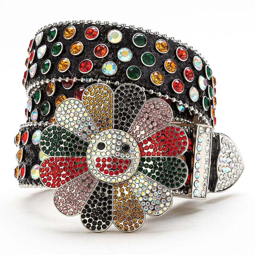 Flower Buckle Black Strap Belt – Multi-Color Studded Rhinestone Bel...