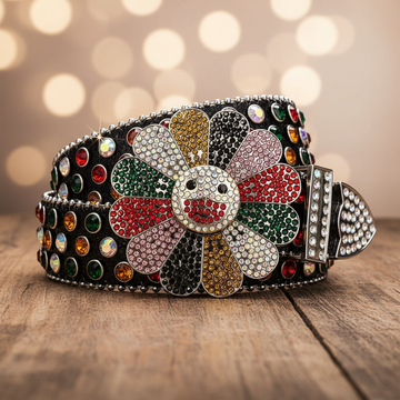 Flower Buckle Black Strap Belt – Multi-Color Studded Rhinestone Belt