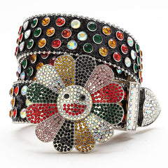 Flower Buckle Black Strap with Multicolor Stones Rhinestone Belt