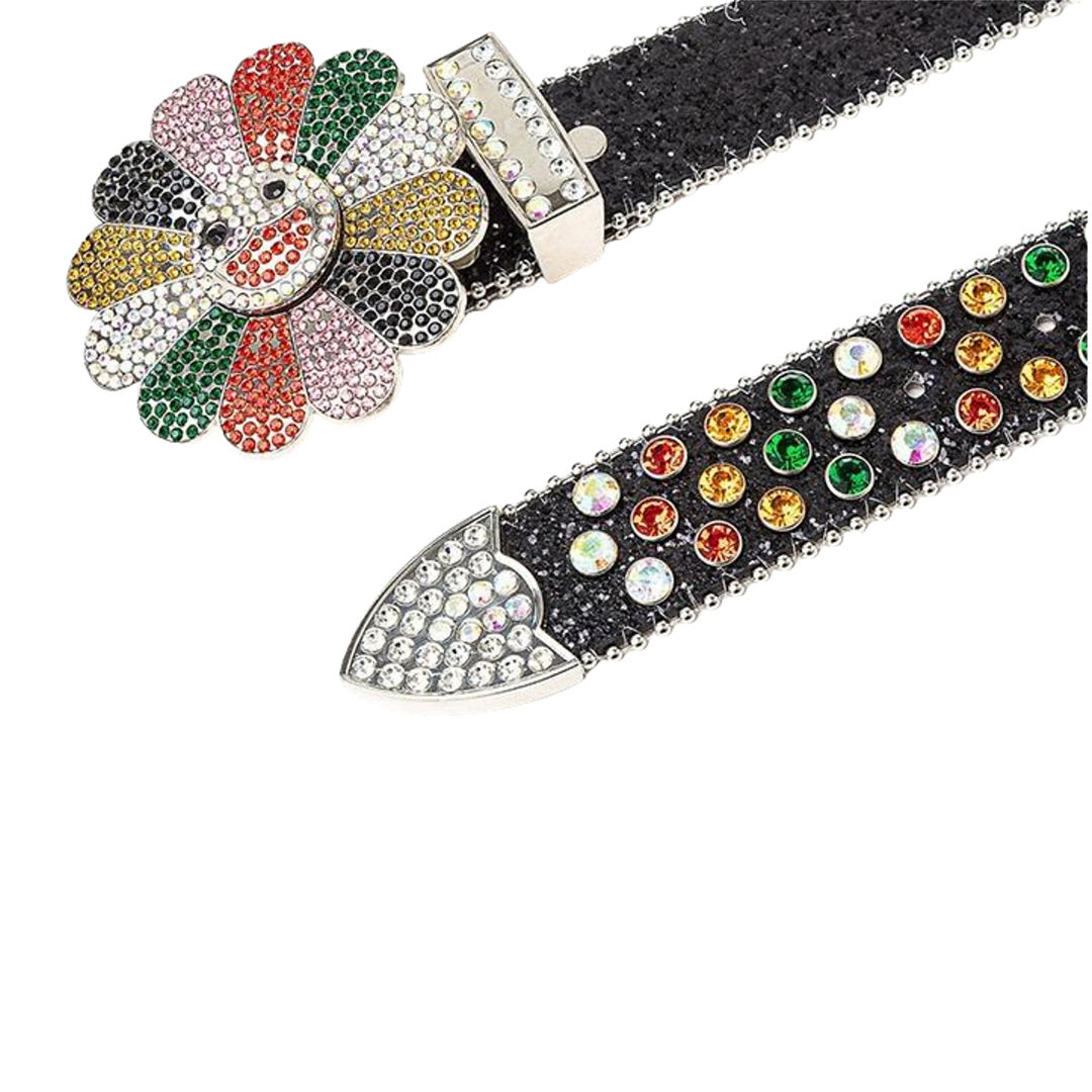Flower Buckle Black Strap with Multicolor Stones Rhinestone Belt-Belts-The Rhinestone Belts