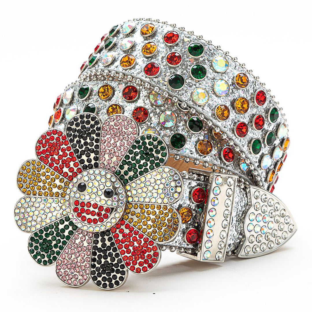 Flower Buckle Silver Strap with Multicolor Stones Rhinestone Belt-Belts-The Rhinestone Belts