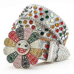 Flower Buckle Silver Strap  with Multicolor Stones Rhinestone Belt