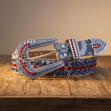 Ruby Engraved Buckle with Blue and Red Strap Rhinestone Belt – Luxury Handmade Designer Gift Bling