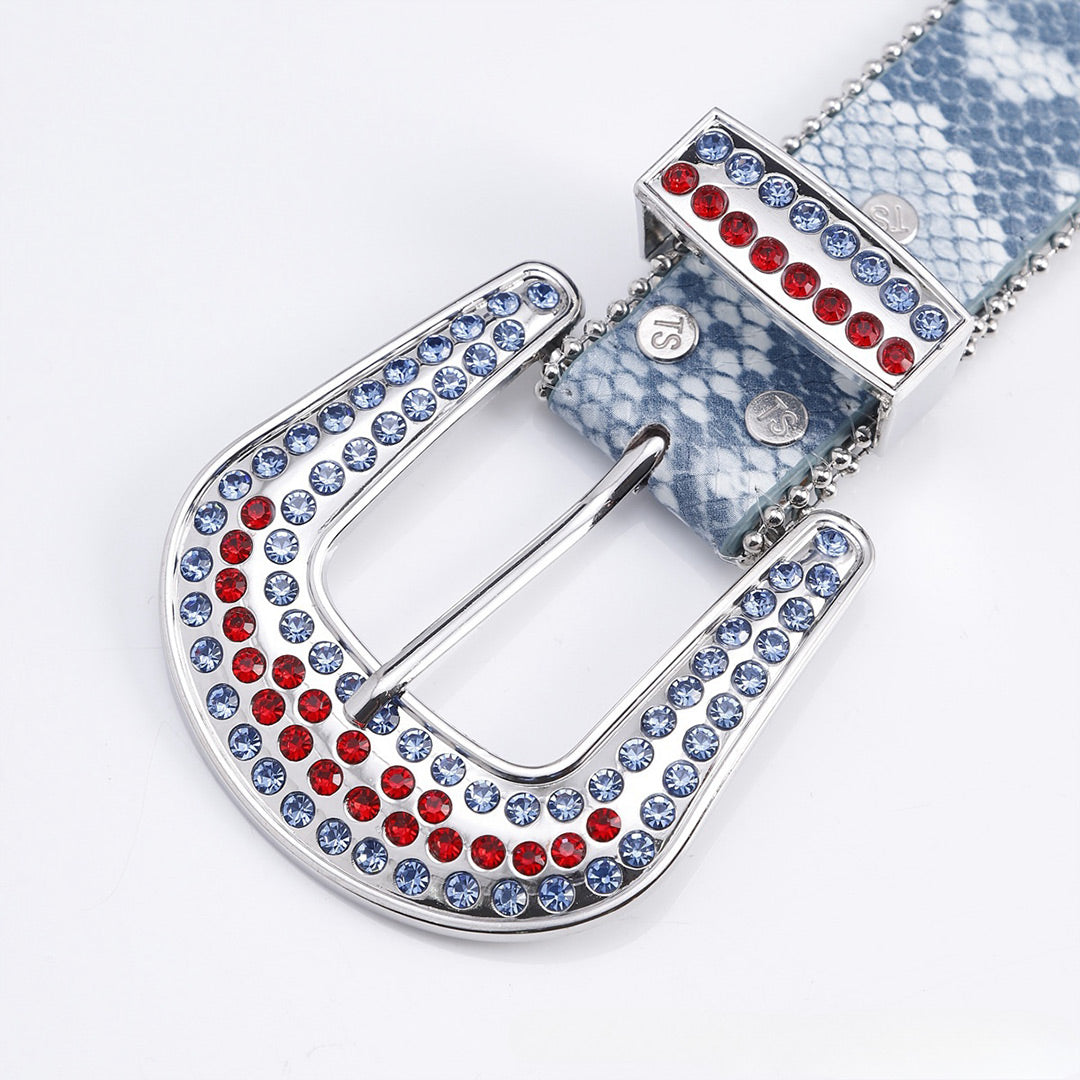 Ruby Engraved Buckle with Blue and Red Strap Rhinestone Belt-Belts-The Rhinestone Belts