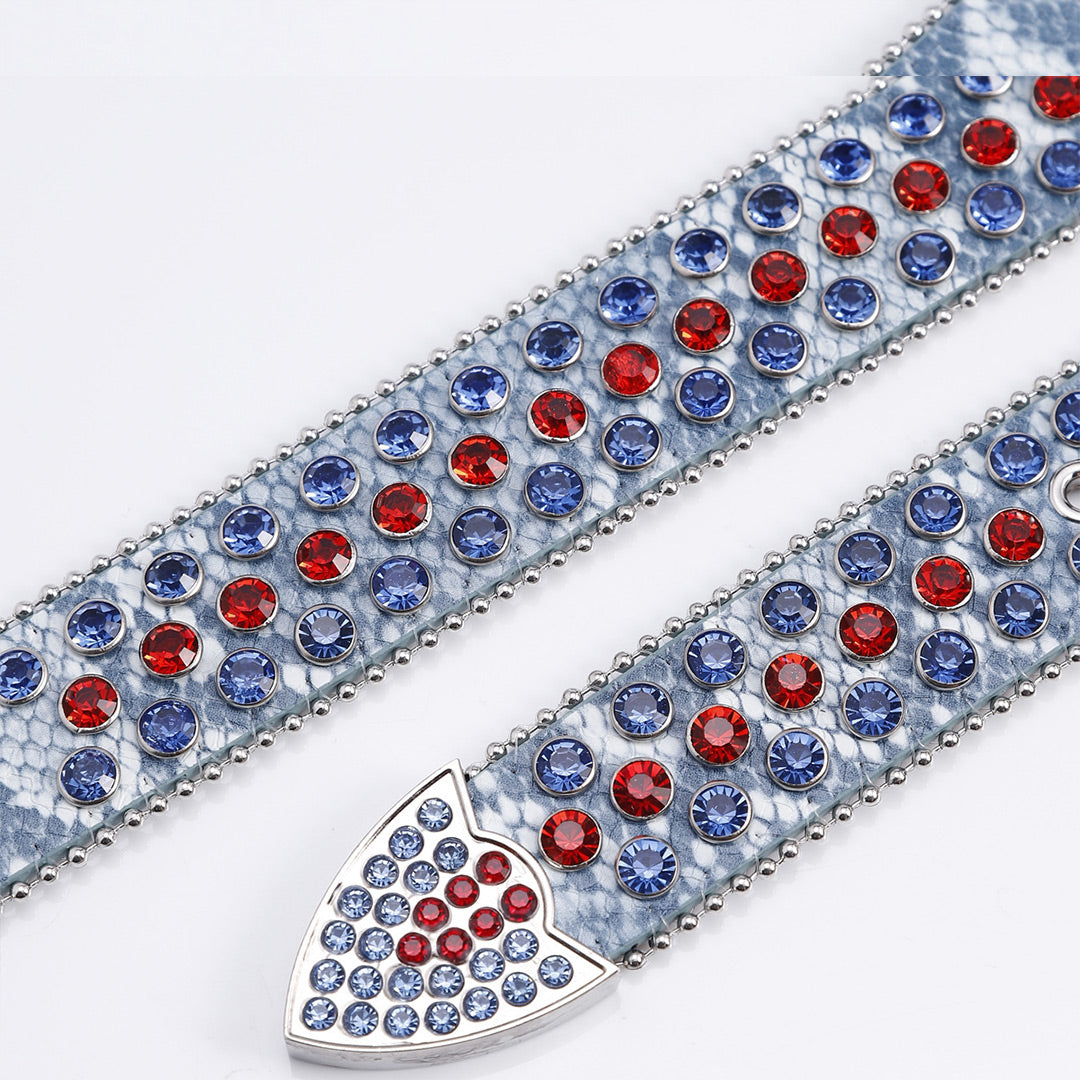 Ruby Engraved Buckle with Blue and Red Strap Rhinestone Belt-Belts-The Rhinestone Belts