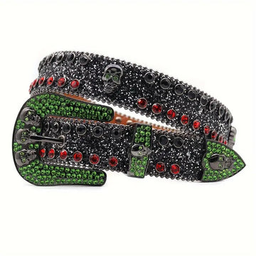Black Skull Buckle with Black, Red, and Green Strap Rhinestone Belt-Belts-The Rhinestone Belts