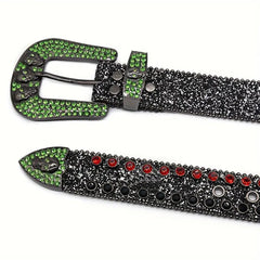 Black Skull Buckle with Black, Red, and Green Strap Rhinestone Belt