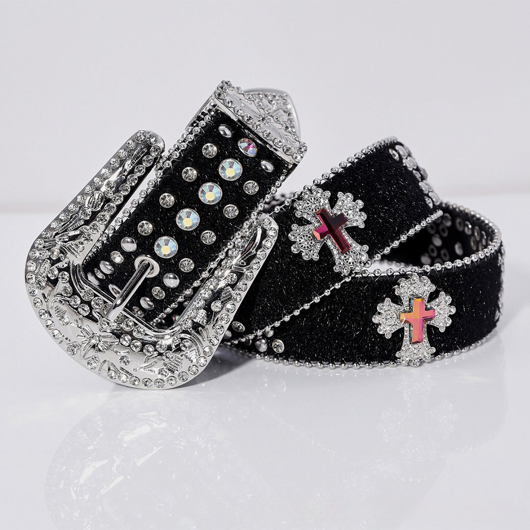 Pink Cross Engraved Buckle with Black Strap and White Stones Rhinestone Belt-Belts-The Rhinestone Belts