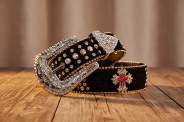 Pink Cross Engraved Buckle with Black Strap and White Stones Rhinestone Belt
