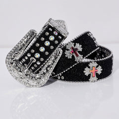 Pink Cross Engraved Buckle with Black Strap and White Stones Rhinestone Belt