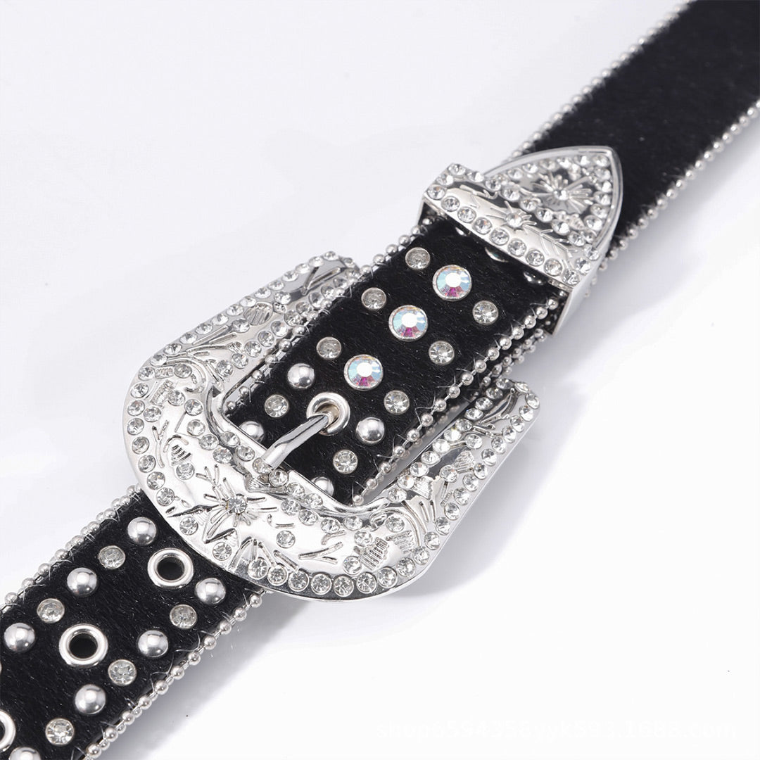 Pink Cross Engraved Buckle with Black Strap and White Stones Rhinestone Belt-Belts-The Rhinestone Belts