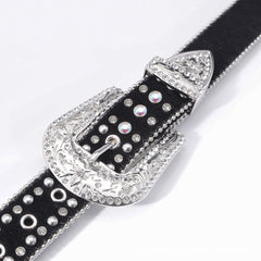 Pink Cross Engraved Buckle with Black Strap and White Stones Rhinestone Belt