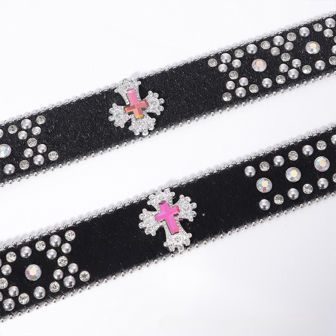 Pink Cross Engraved Buckle with Black Strap and White Stones Rhinestone Belt-Belts-The Rhinestone Belts
