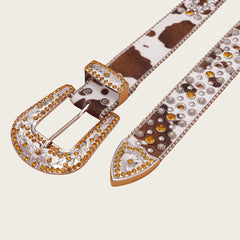 Cowhide-Style Engraved Buckle with Gold Stones Rhinestone Belt