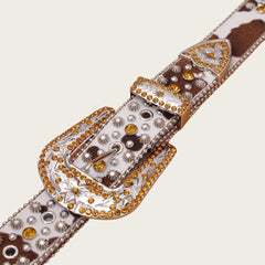 Cowhide-Style Engraved Buckle with Gold Stones Rhinestone Belt