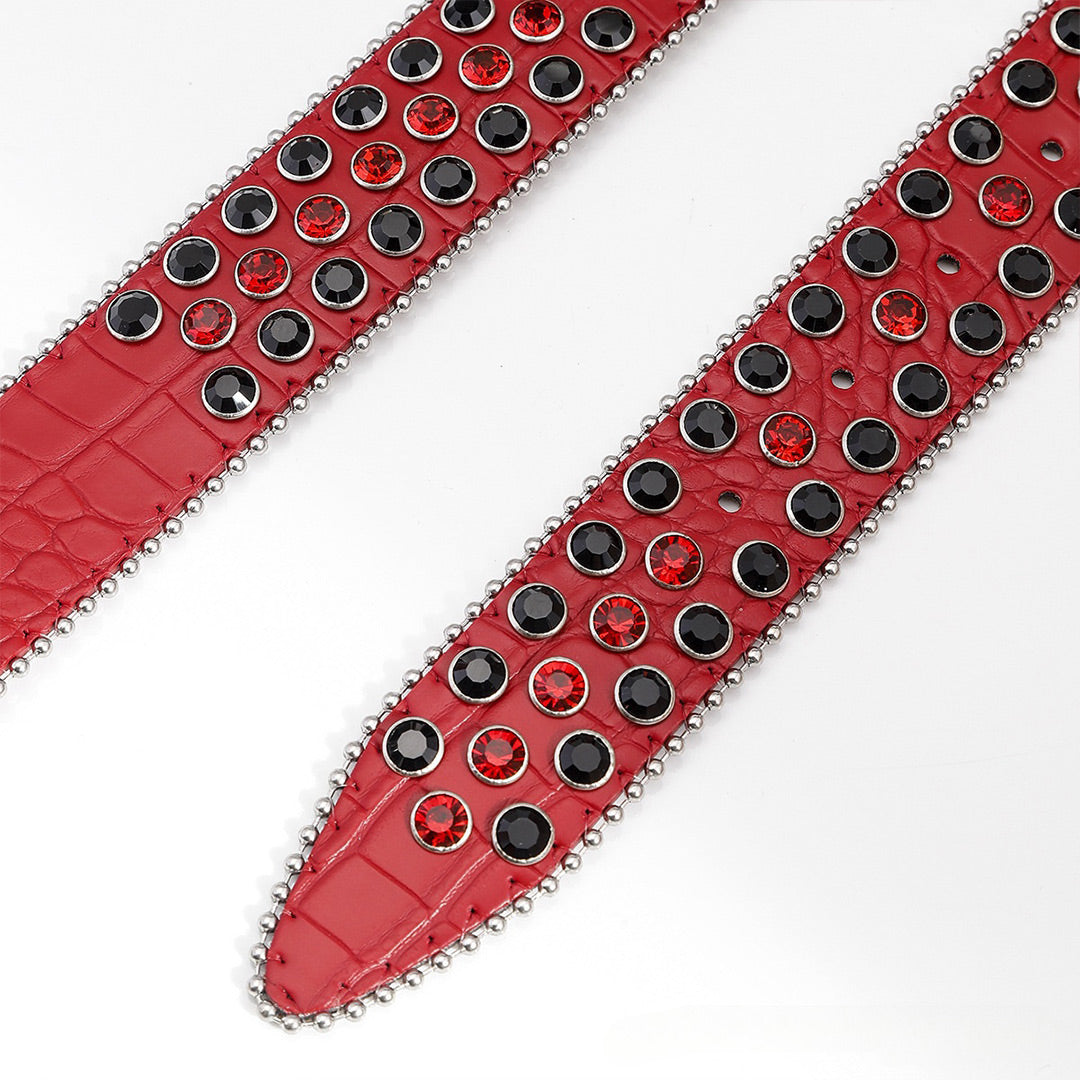 Red Skull Buckle with Black and Red Strap Rhinestone Belt-Belts-The Rhinestone Belts